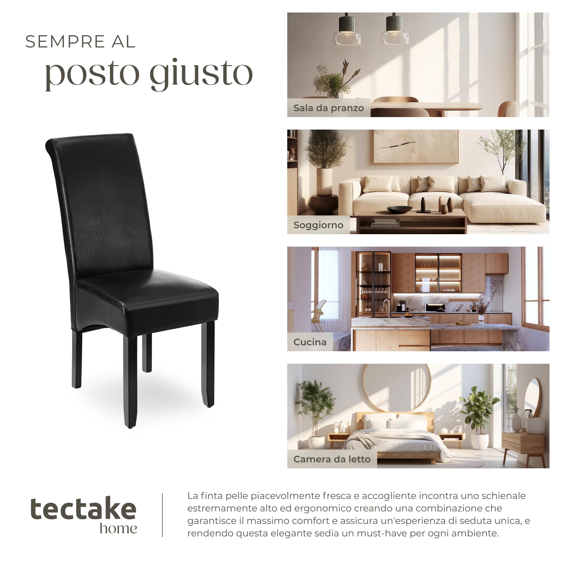 tectake® Set 6 Sedie Sala da Pranzo Ergonomiche, Sedie Moderne Sala da Pranzo con Gambe in Legno Massiccio, Sedie Comode per Ideali per Soggiorno e Cucina, Design Elegante - Nero