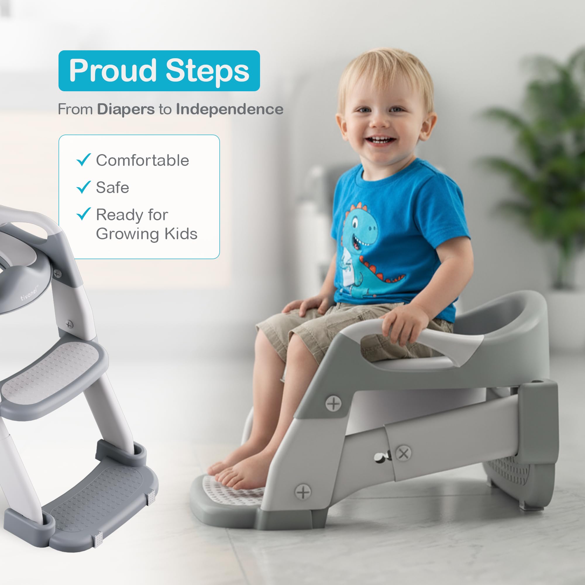 Asiento de inodoro 3 en 1 para niños pequeños con protector contra salpicaduras, almohadilla antideslizante y taburete para niños y niñas (gris)