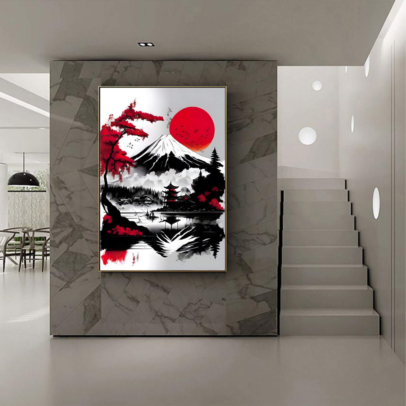 Poster de paysage japonais, temple japonais en automne noir et blanc, décoration murale sans cadre, 50 x 70 cm