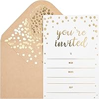 PartayShenanigans 50 Pack Gold Foil 'You're Invited' Cards with 52 Kraft Envelopes - Wedding, Baby Shower, Birthday Invites 4x6"