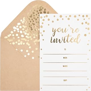 PartayShenanigans 50 Pack Gold Foil 'You're Invited' Cards with 52 Kraft Envelopes - Wedding, Baby Shower, Birthday Invites 4x6"