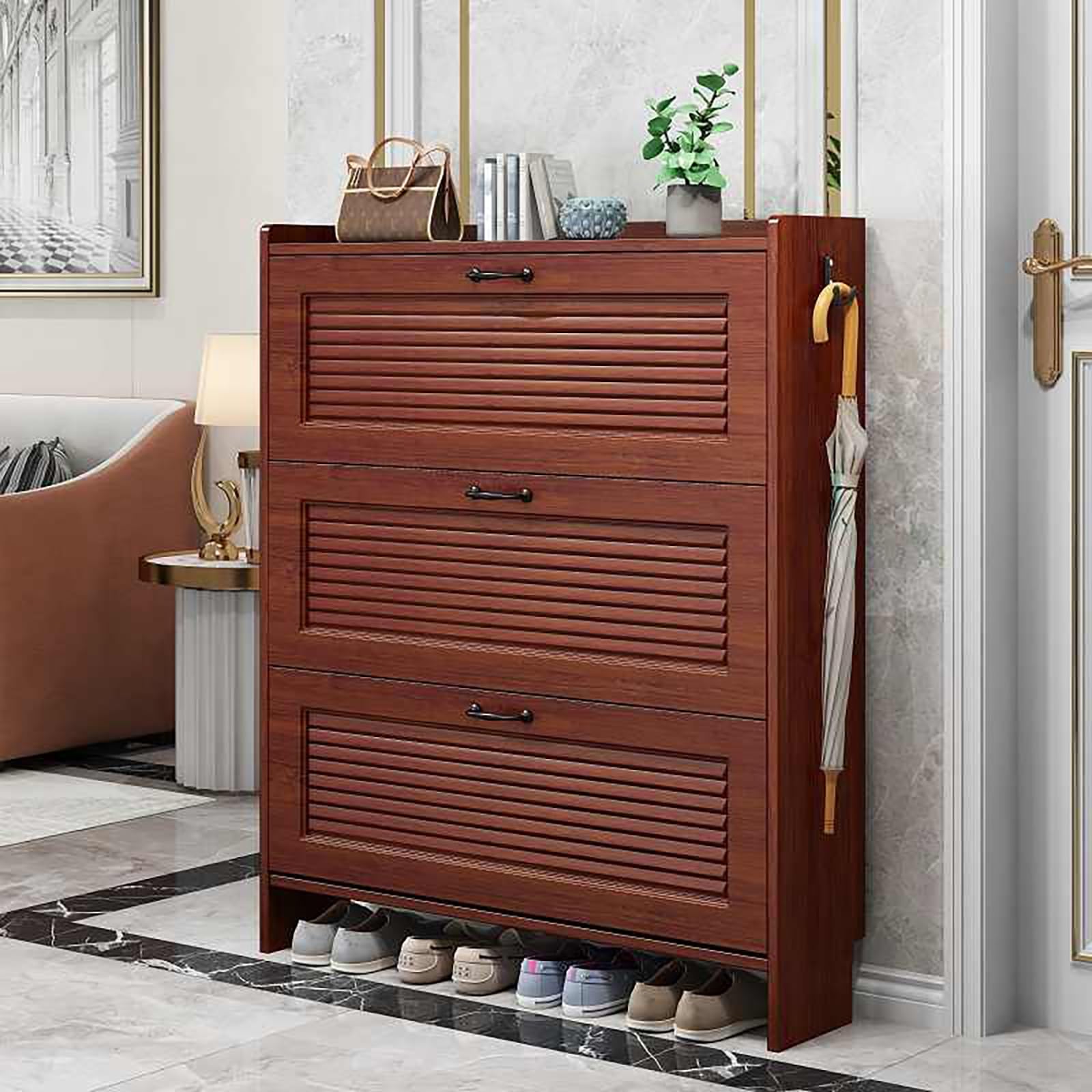 Mueble Zapatero Madera con Ganchos & Puertas Recibidores De Entrada Zapatero Estrecho Ahorra Espacio Diseño Minimalista para Almacenamiento De Zapatos (90 cm)