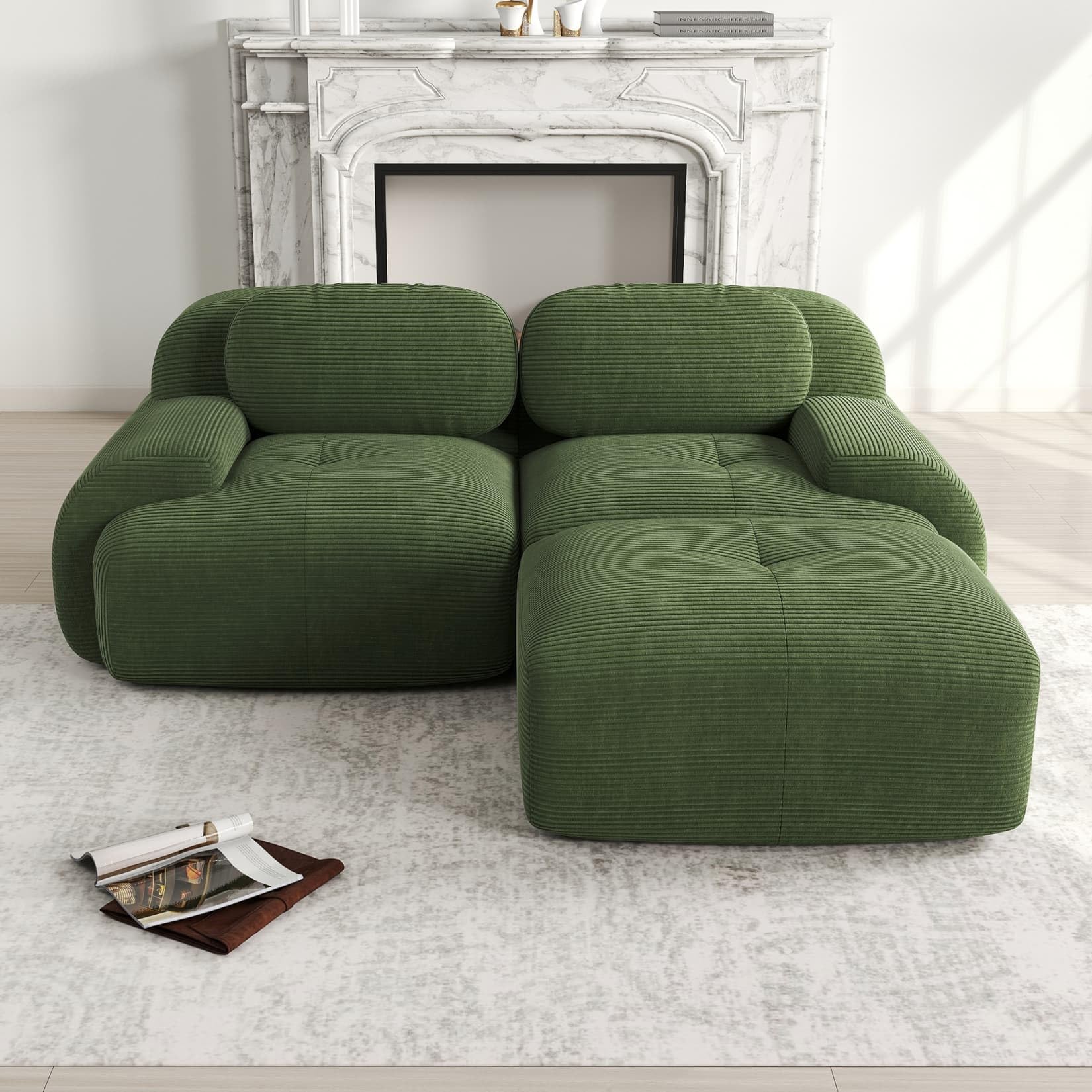 Canapé 2 Places en Velours Côtelé,Canapé Modulable avec 1 Pouf | Accoudoirs Incurvés et Dessou Antidérapant,Rembourrage très élastique,aucun assemblage requis,pour Salon,Chambre