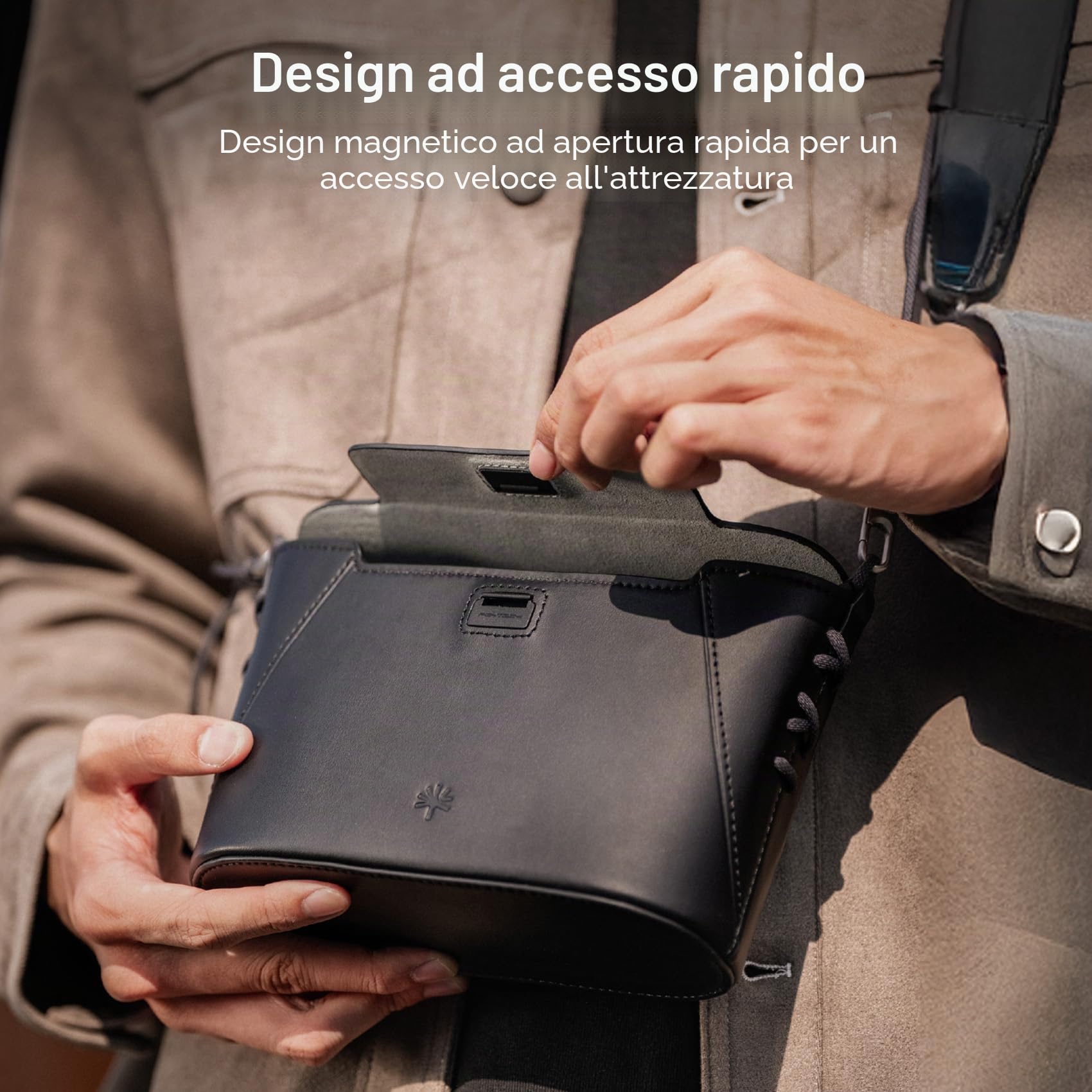 PGYTECH OneGo Borsello a Tracolla Classico per Telefono, Custodia Fotocamera Retrò in Microfibra con Chiusura Magnetica, per Fujifilm X100/Sony ZV-1/Grip Telefono/DJI OSMO Pocket 4/3 (Nero)