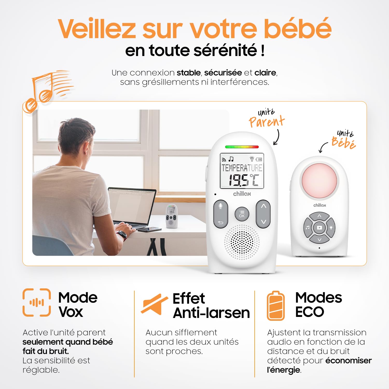 CHILLAX - Babyphone Audio CB260 - DECT - Écran LCD - Modes VOX et Eco - Capteur de Température avec Alerte - Indicateurs de son - Portée 340 m - Veilleuse & 5 Berceuses - Autonomie 13h - Talkie-Walkie