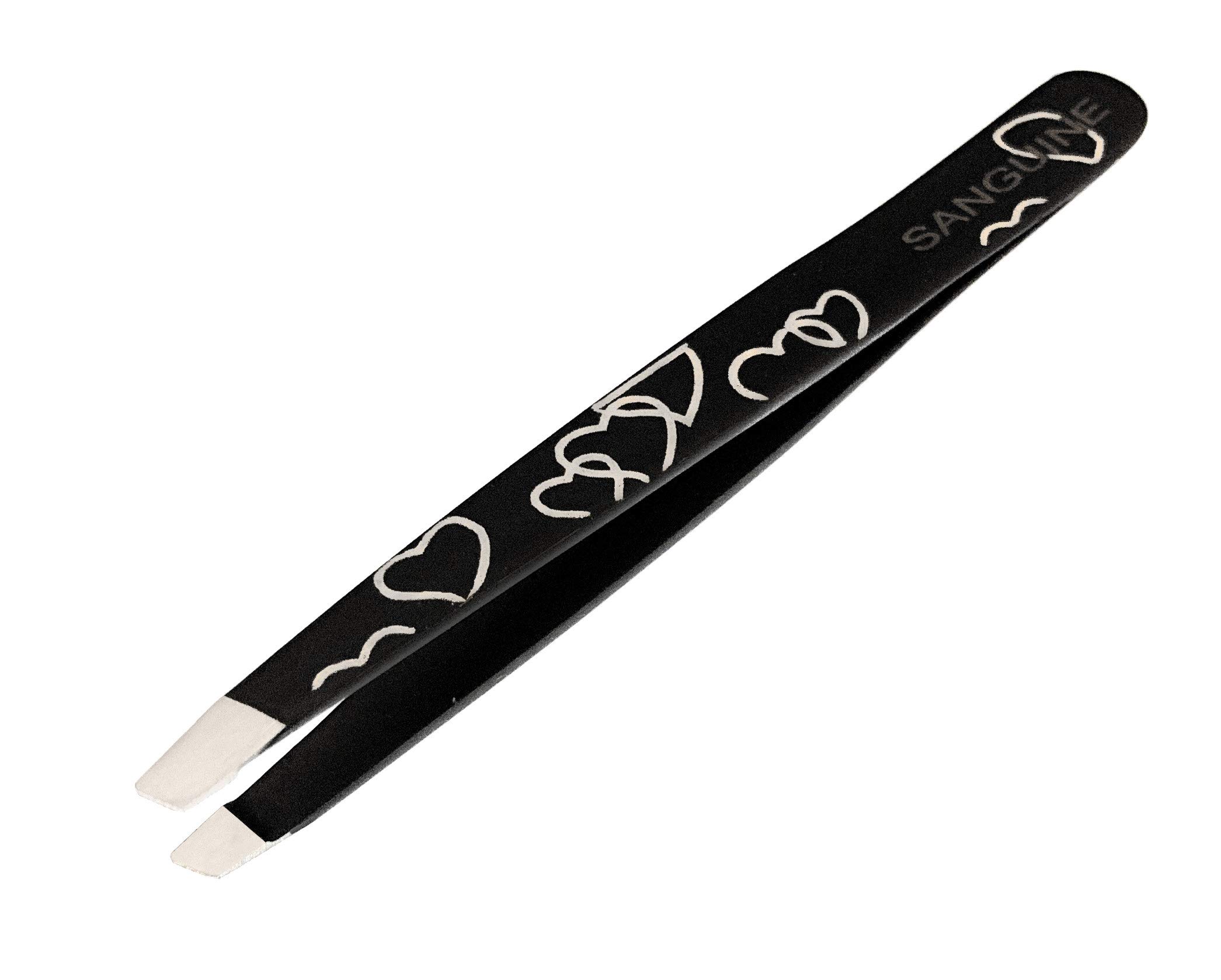 Sanguine Black Hearts Professional Hair Tweezers Slant Tip, Eyebrow Tweezers, Facial Hair Removal Tweezers, & Practical Case