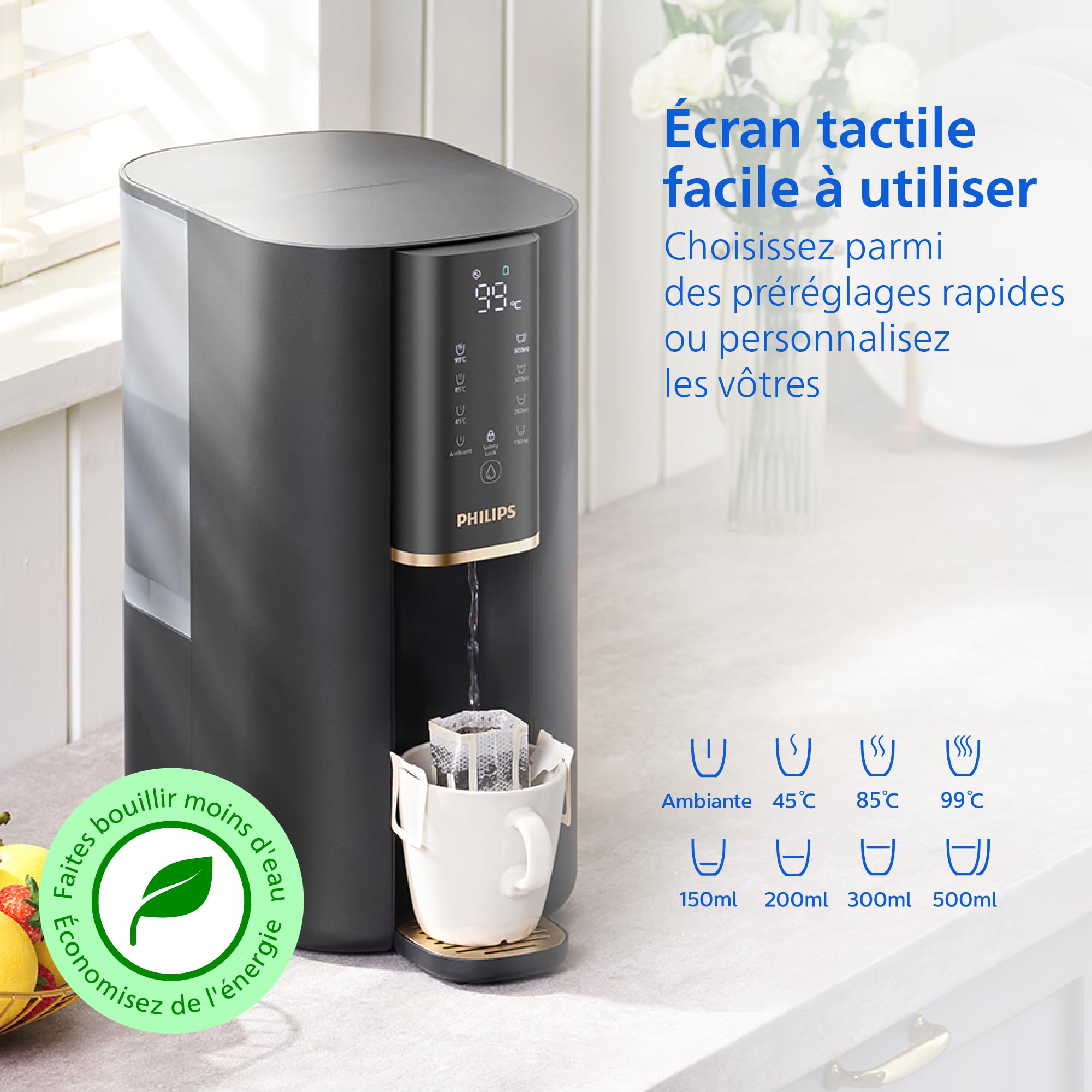 Philips Water Distributeur d’eau à osmose inverse 6100: eau chaude/froide filtrée en secondes, RO 6-en-1 préservant les minéraux, >110 contaminants réduits, ratio 3:1, UV-C, sans installation, 2000 L