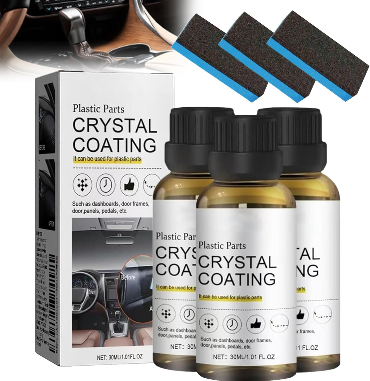 Crystal Coating for Car Plastic Parts, Protects Faded Interior, Easy to Use Car Refresher (3pcs)