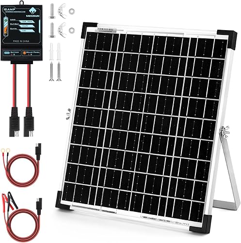 MEGSUN - Kit de panel solar de 20 W 12 V impermeable cargador de batería solar + controlador de carga inteligente mejorado de 12 A + soporte de
