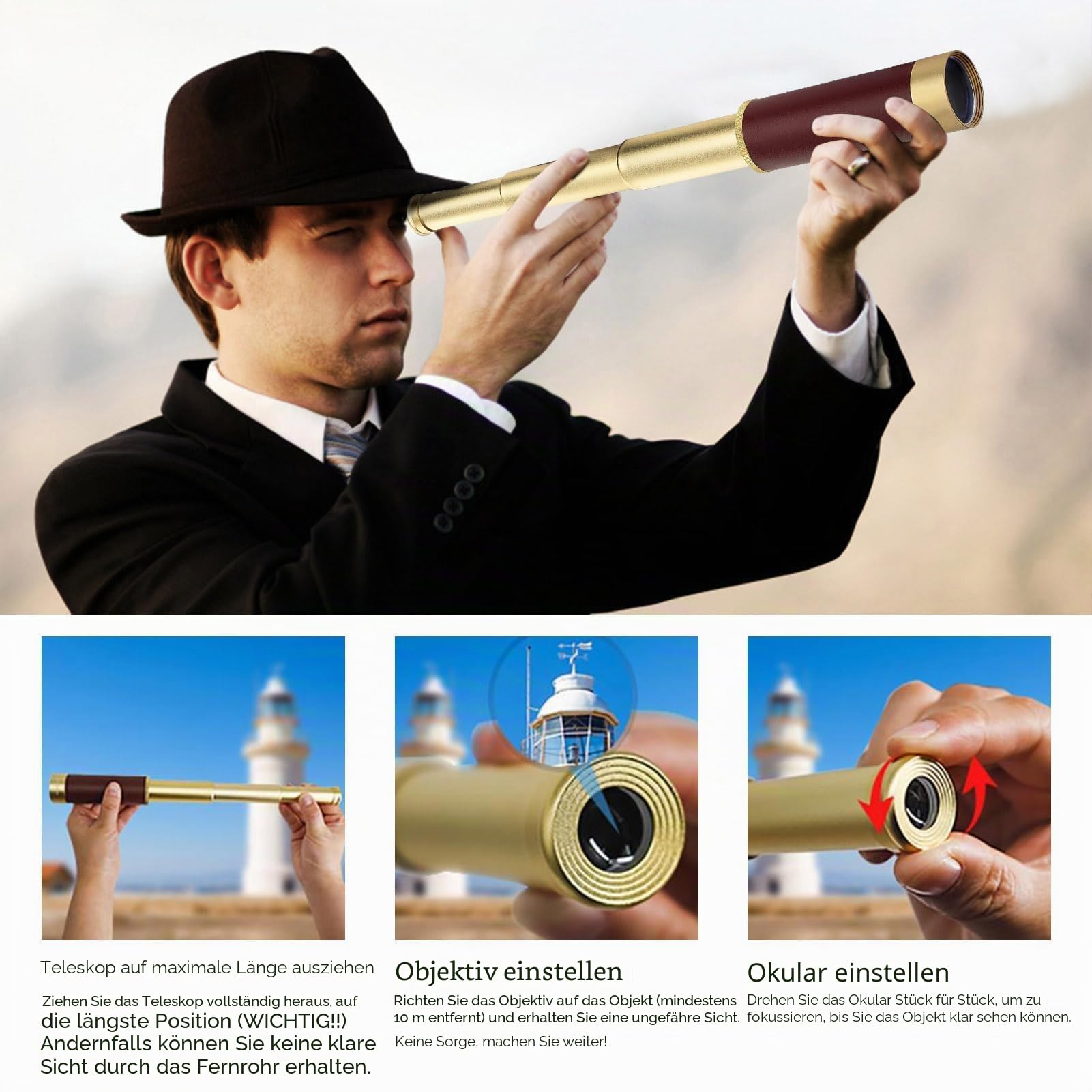 Pirat -Teleskop, 25 x 30 zoomable monokulare Vintage -Teleskop tragbarer zusammenklappbarer Handheld Monocular Messing Spyglass für Vogelbeobachtung