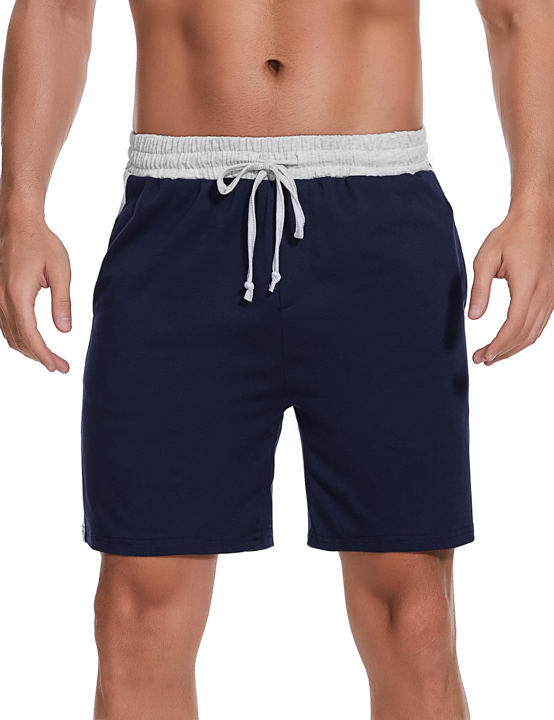 Bresdk Schlafanzughose Herren Kurz Pyjamahose Schlafshorts aus Baumwolle mit Seitentaschen und Elastischem Bund für Sommer Loungewear Blau