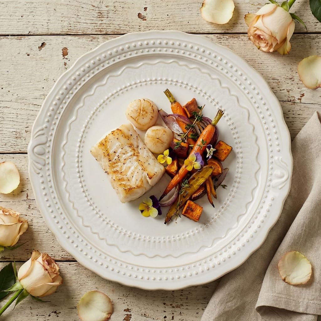 Ceramic dinner plate set (4 pieces), ceramic dinner plates, embossed salad plates, Kitchen Porcelain Serving Dishes, microwave/oven/dishwasher safe, scratch-resistant.