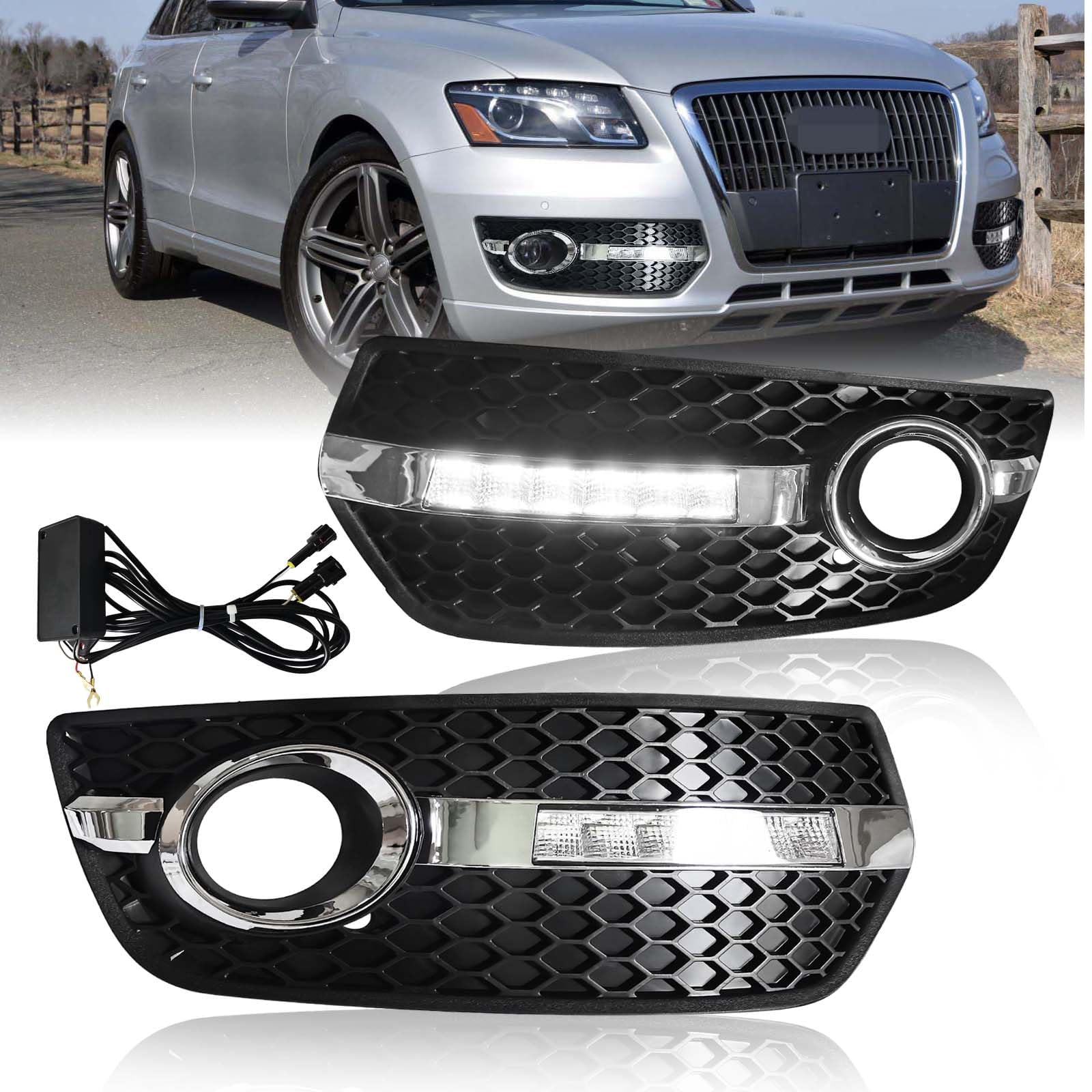 Front Bumper Fog Light Cover Kit + White LED DRL Daytime Running Lamp Fit for 2010-2012 Audi Q5 Black Bezel Pair LH+RH Replacement Kit with Wiring