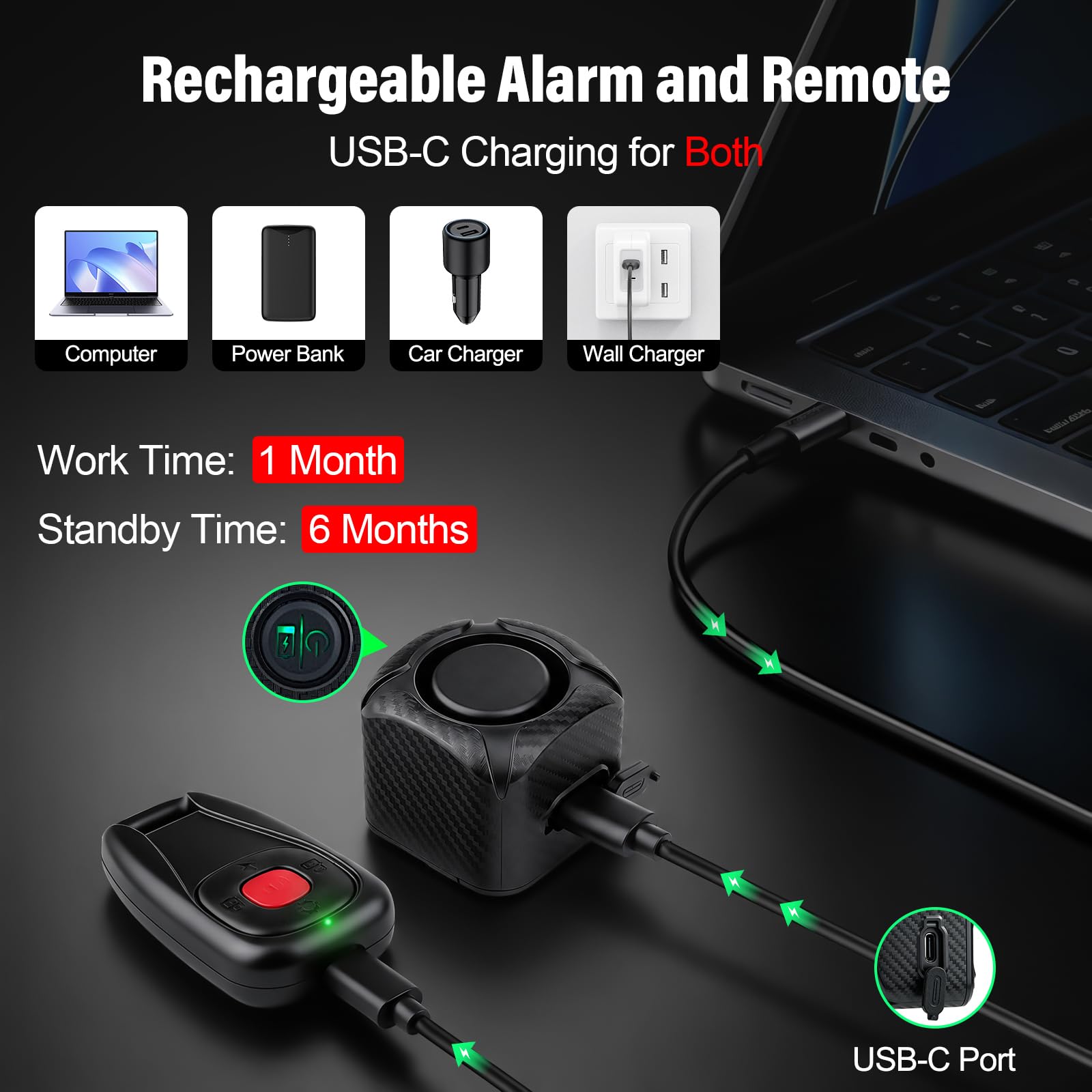 NineLeaf Zwei-Wege-Fahrradalarm mit Fernbedienung 4PK | USB-C wiederaufladbar, 121dB Fahrrad-Alarm mit Vibrations-Diebstahlschutz für Fahrrad und Motorrad IP65wasserdicht