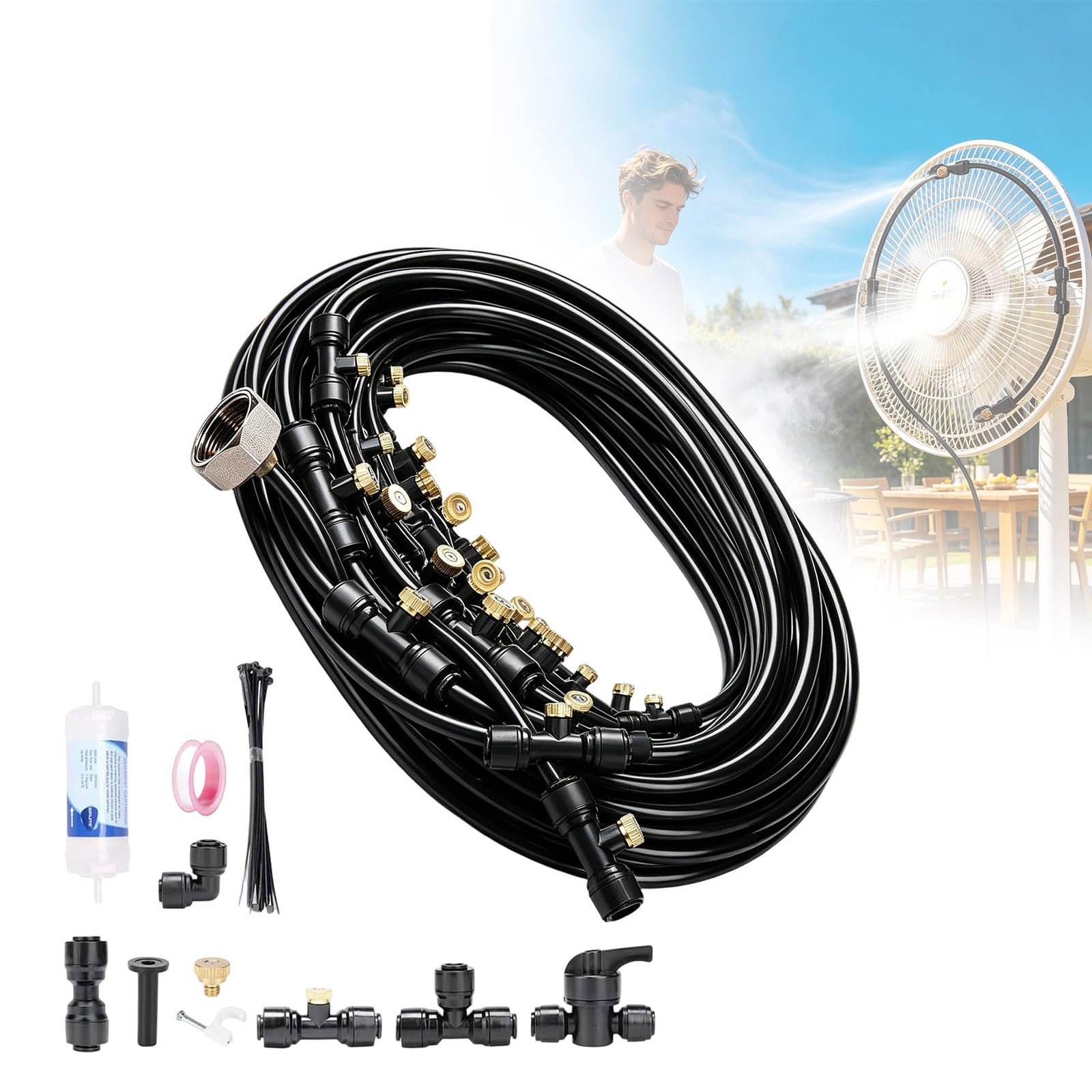Brumisateur Terrasse Exterieur 18M, Brumisateur Extérieur 19 Buses + Raccord 3/4", Kit de Refroidissement par Brumisation, Système de Brumisation pour Jardin Serre Animaux(18M/11pcs)