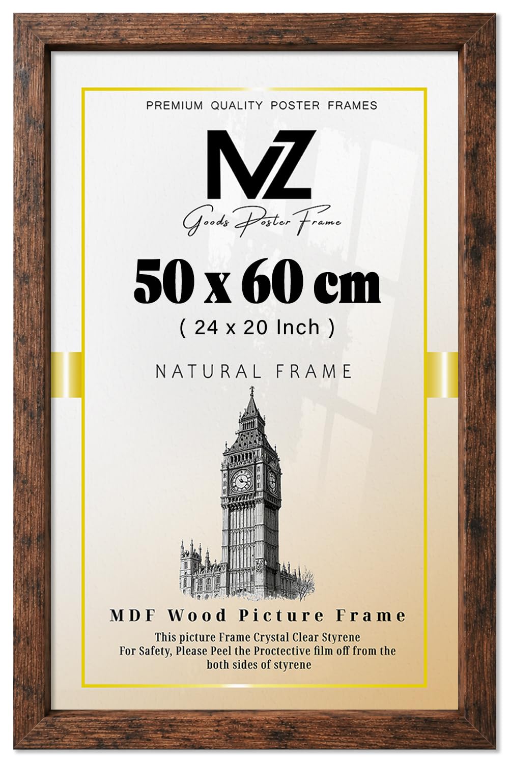 MZ GOODS | MDF Poster Frame (50 x 60 CM) 20" x 24" for Movie Posters, Sketch Art, MDF Wood Finish, Secure Hanging Hooks for Display [ Rustic ]