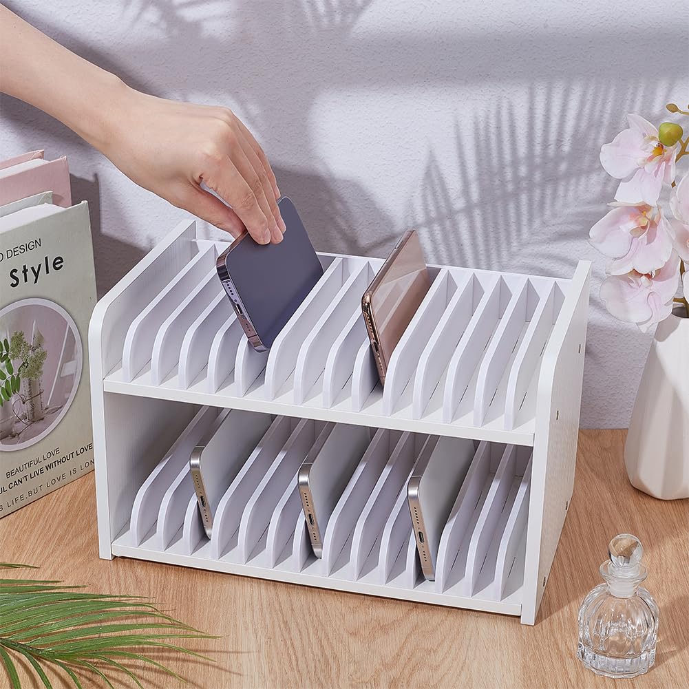 UNICRAFTALE Soporte para teléfono móvil para aula, 30 rejillas, caja de almacenamiento para teléfono móvil, de madera, organizador de escritorio, caja de almacenamiento, ajustable, para teléfono móvil