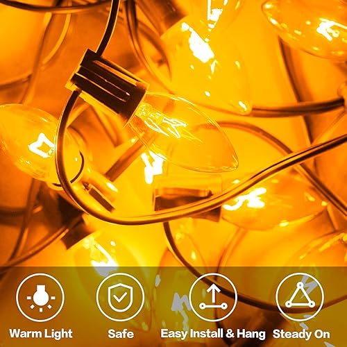 Miniatura 6 de Tira de luces C9 transparentes de Navidad, luces de Navidad para exteriores de 50 pies para patio, techo, interiores, tira de luces vintage C9 con
