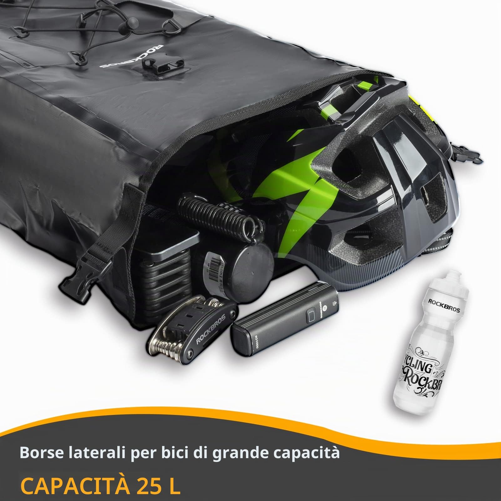 ROCKBROS Borsa Bici Manubrio 2L Tracolla + Borsa Posteriore Impermeabile | Portatile Forma Cilindrica + Grande Capacità 25L, Facile Trasportare per MTB