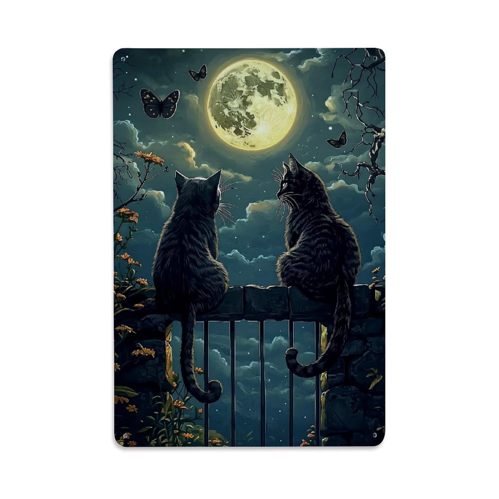 Moonlit Cats Butterflies Night Garden Retro Metal Tin Sign, Vintage Decor Art Poster for Bar, Home, Man Cave, Kitchen, Laundry Room Gift 8x12Inch
