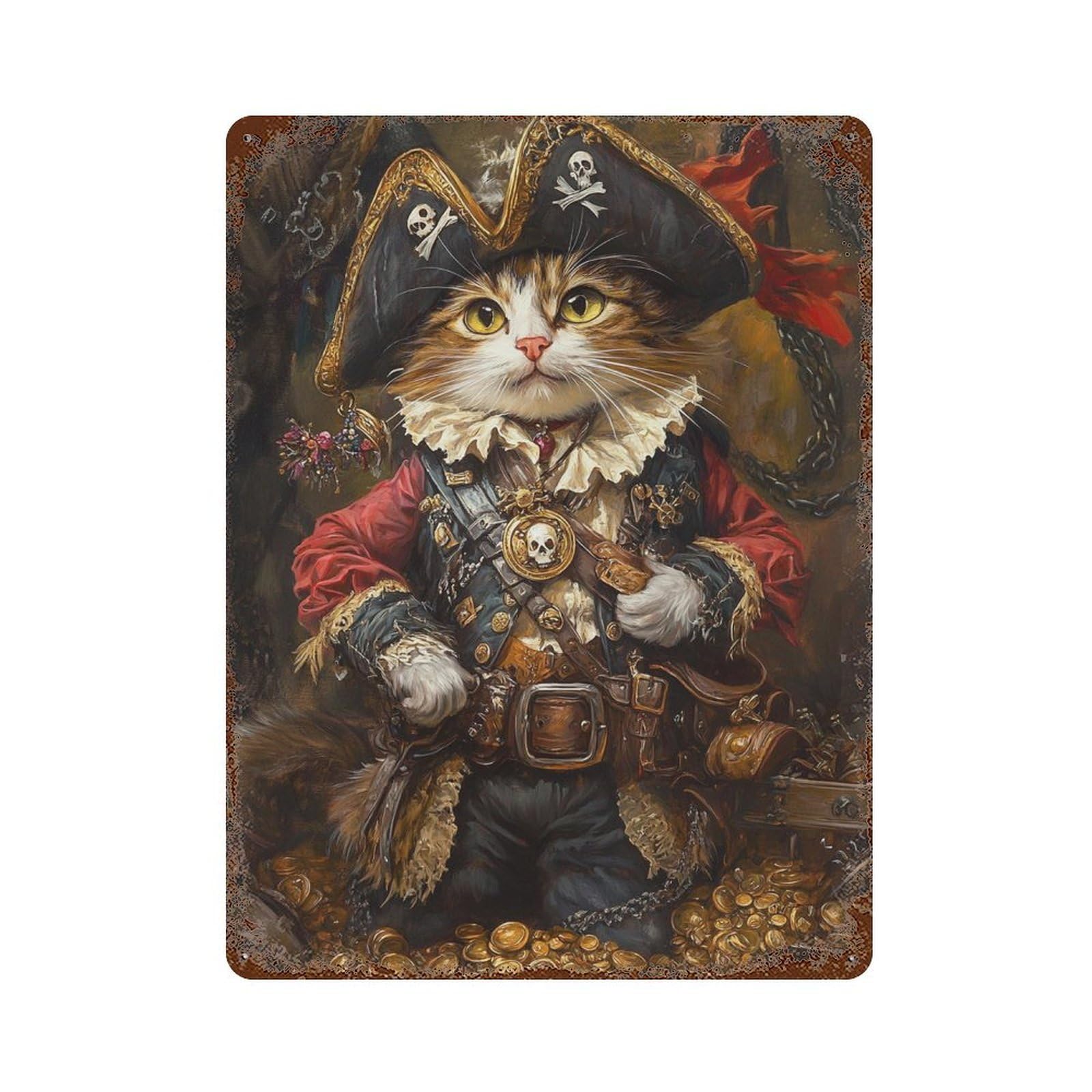 Pirate Cat Treasure Chest-23 Retro Metal Sign 15.7"x11.8", Old School Wall Decor for Garage, Pub Or Kitchen