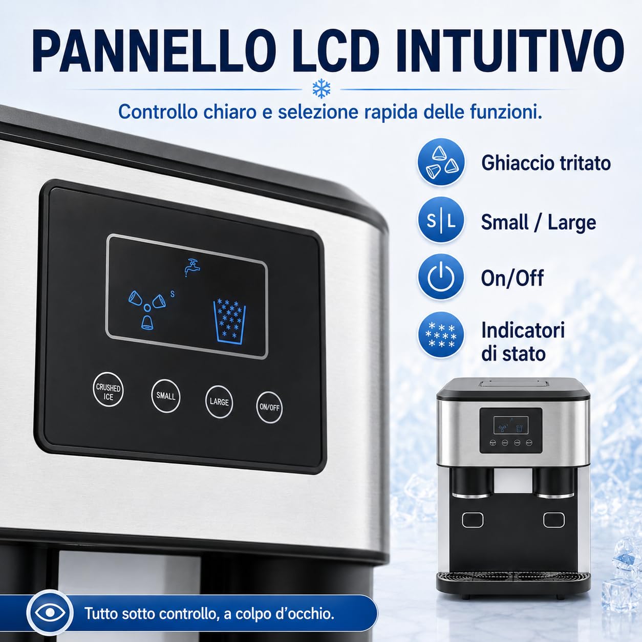 Macchina per il ghiaccio 3 in 1 con tritaghiaccio e acqua fredda, in acciaio inox per la casa, 16 cubetti in 7-9 minuti, robot da cucina compatto