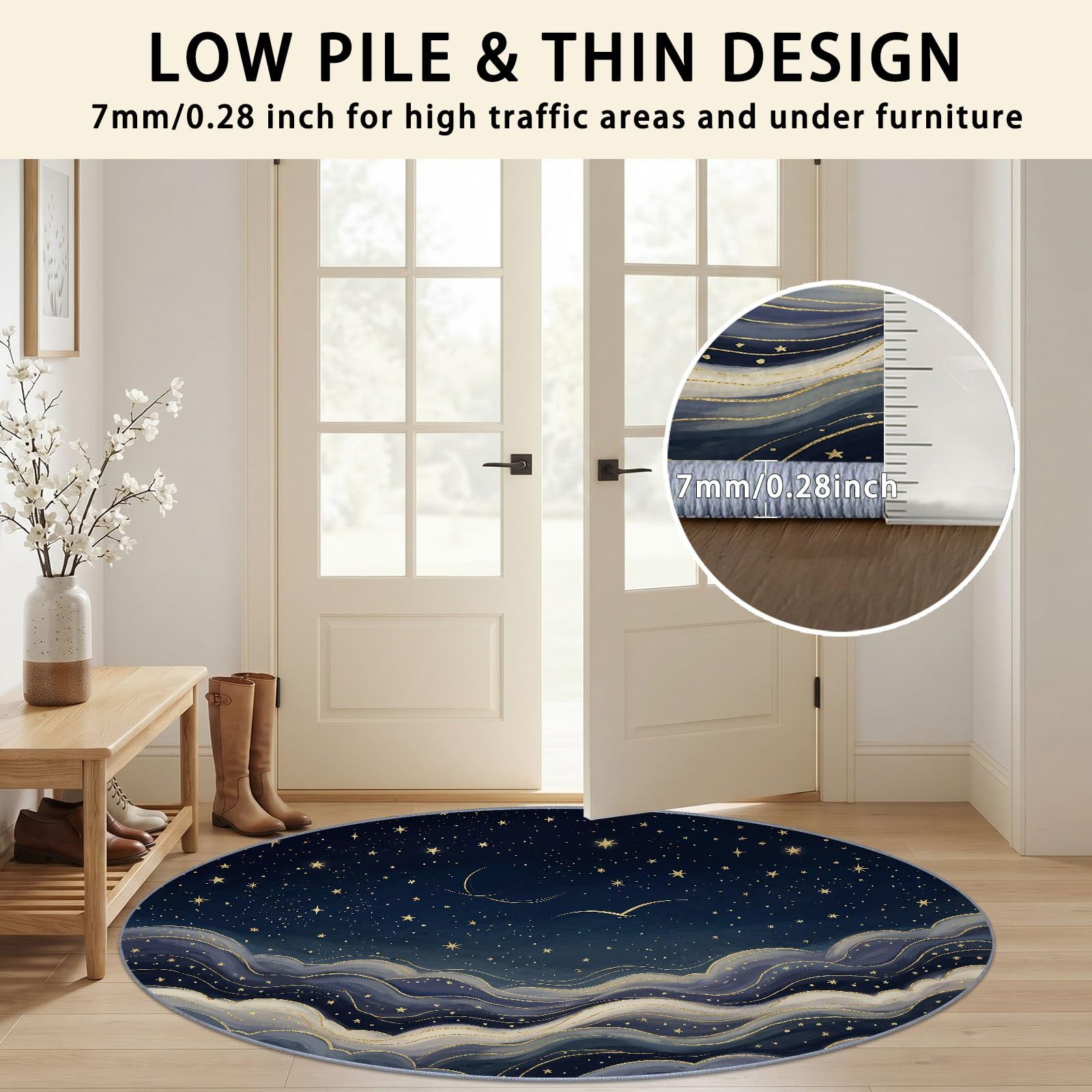 Tapis Rond Fantaisie Espace 120 cm, Étoiles Lune Ciel Vagues Lavable en Machine pour Salon, Antidérapant, Imprimé pour Salle à Manger Chambre d’Enfant Nurserie, Bleu