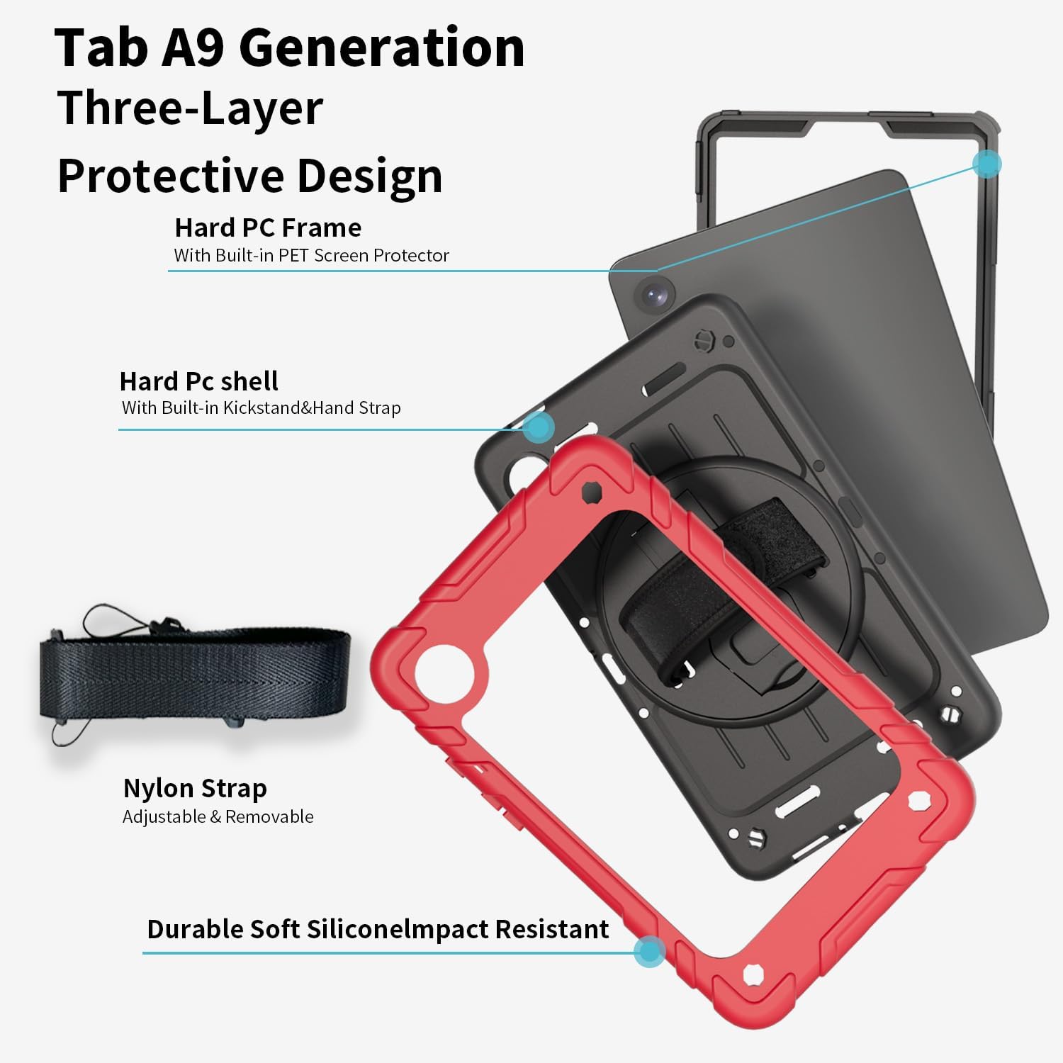 Case for Samsung Galaxy Tab A9 Case 8.7 Inch 2023, with 360 Rotating Hand Strap & Shoulder Strap,Protective Case for Galaxy Tab A9 8.7" Tablet SM-X110/X115/X117 (Red+Black)