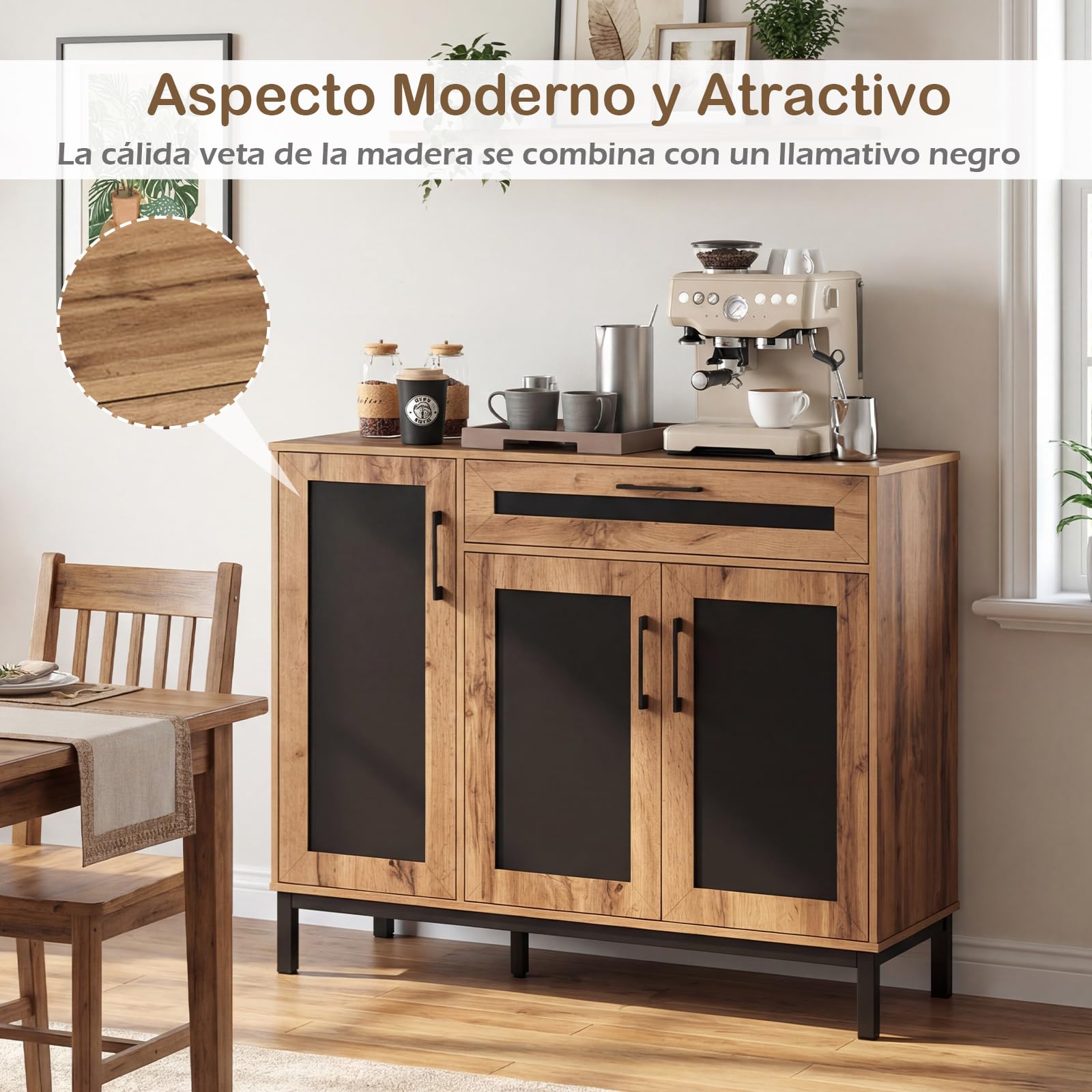 COSTWAY Aparador Buffet, Aparador Cocina con Cajón, 3 Puertas y Estantes Extraíbles, Mueble Auxiliar para Salón, Cocina, Recibidor y Entrada, 120 x 41 x 95 cm, Natural + Negro