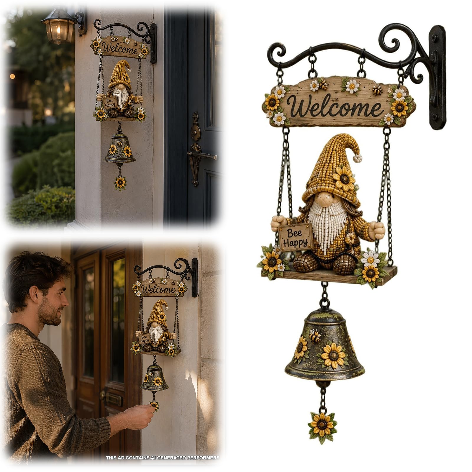 Rustic Garden Gnome Bell, Handmade Bee Sunflower Gnome Welcome Bell, Wall Mounted Hanging Doorbell for Farmhouse, Funny Decorative Bells for Front Porche Garden Fences