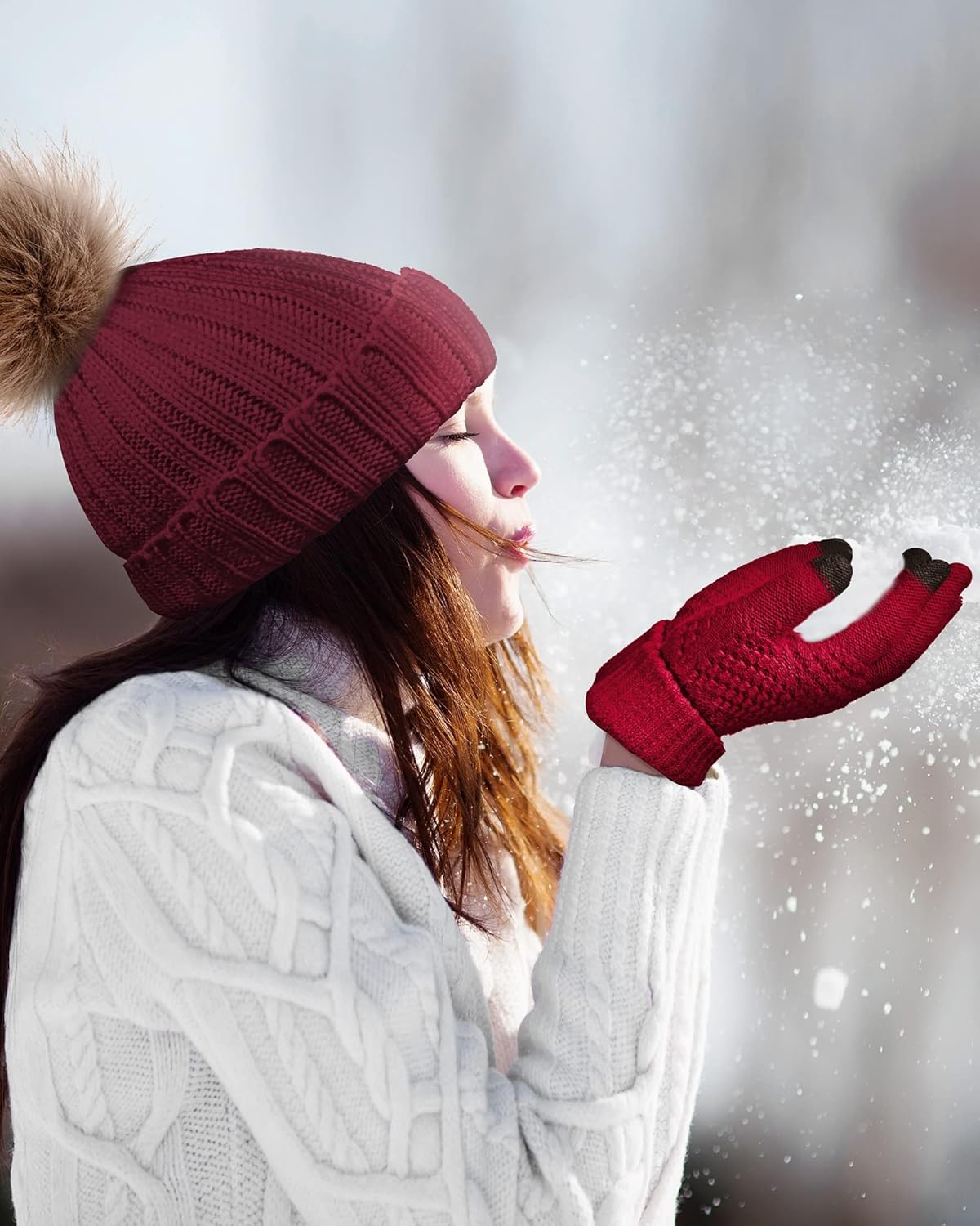 4 Pcs Winter Beanie Hat Gloves Set Pom Knit Unisex Warm Fleece Lined Hat Touchscreen Gloves for Women Men Couples Friends - Image 6
