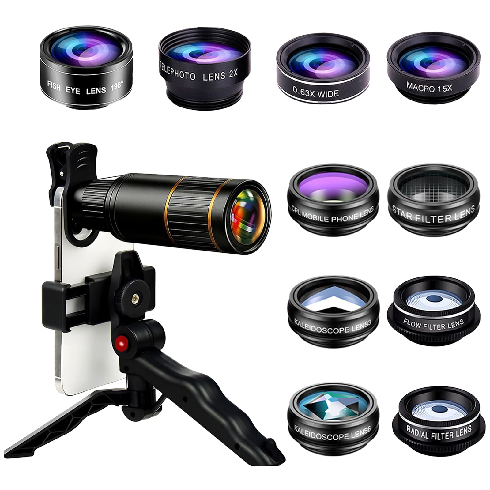 Obiettivo per fotocamera 11 in 1, obiettivo per cellulare con treppiede, 22 teleobiettivi, 0,63 x larghi, lenti fisheye a 198°, 15 x telefoni cellulari, caleidoscope lens6 – per la maggior