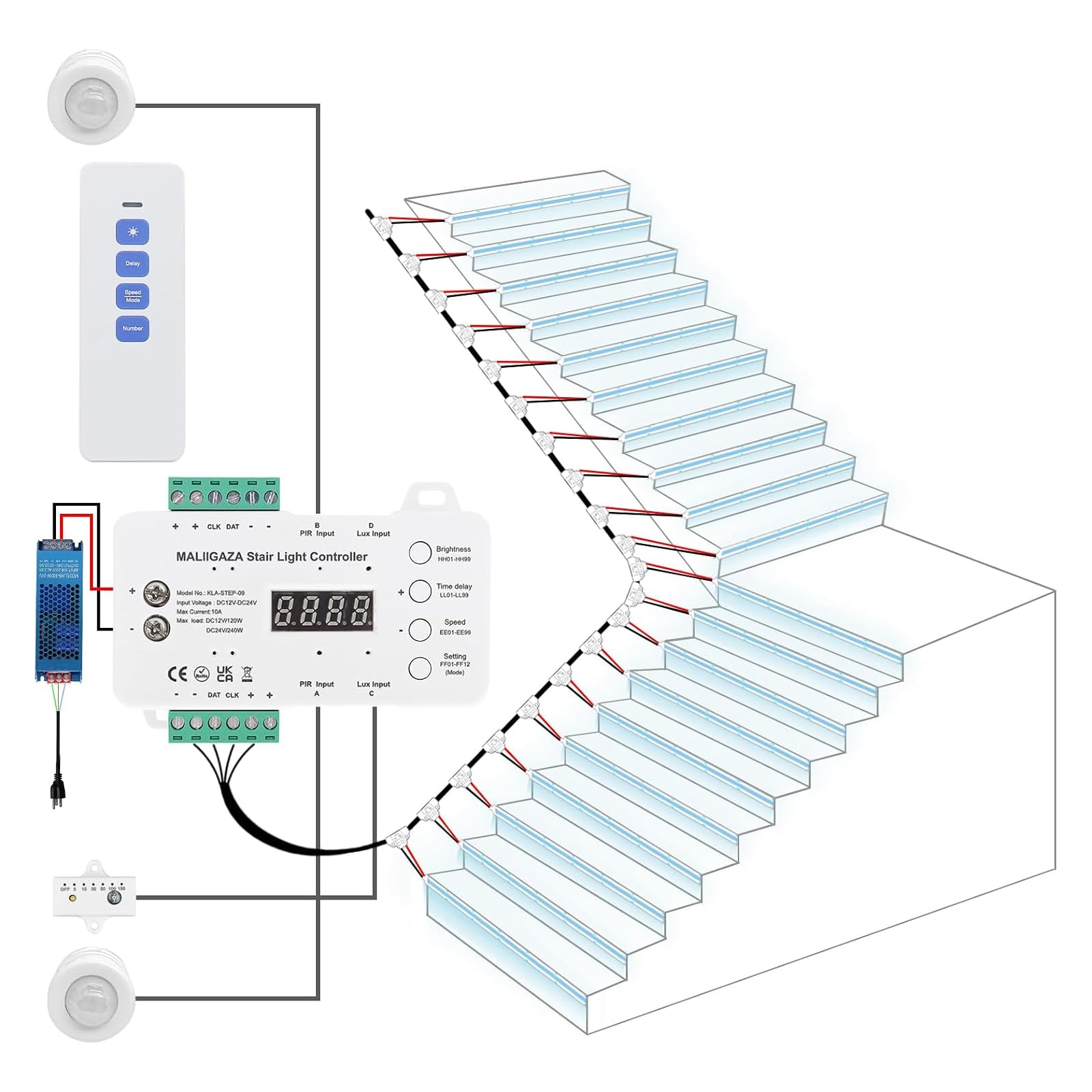 Motion Sensor Stair Lights Kit 20 Step Daylight Sensor 6000K