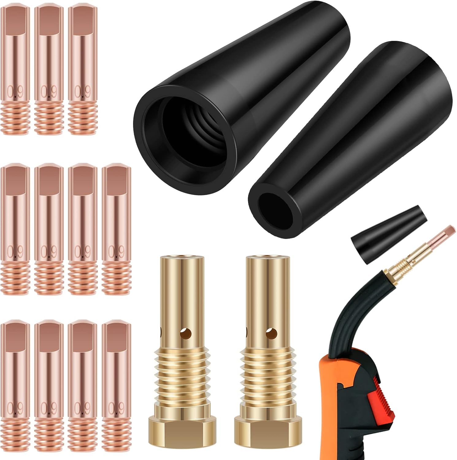 15 Pcs MIG Welding Kit, Flux Core Gasless Nozzle 0.8/0.9mm Brass Welding Tips Replacement MIG