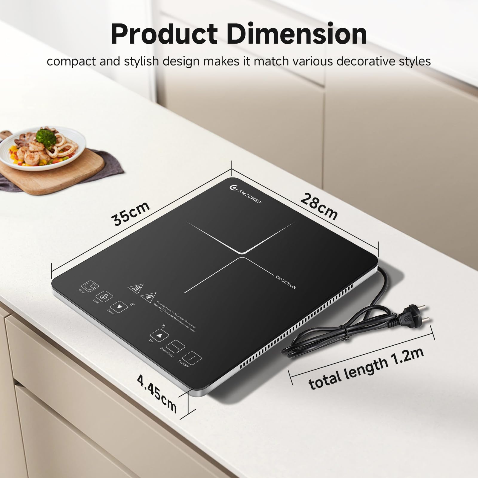 Piastra ad induzione,AMZCHEF piano Cottura a induzione elettrica con superficie in vetro cristallo nero, design portatile ultrasottile, controllo touch sensor e blocco di sicurezza,2000W
