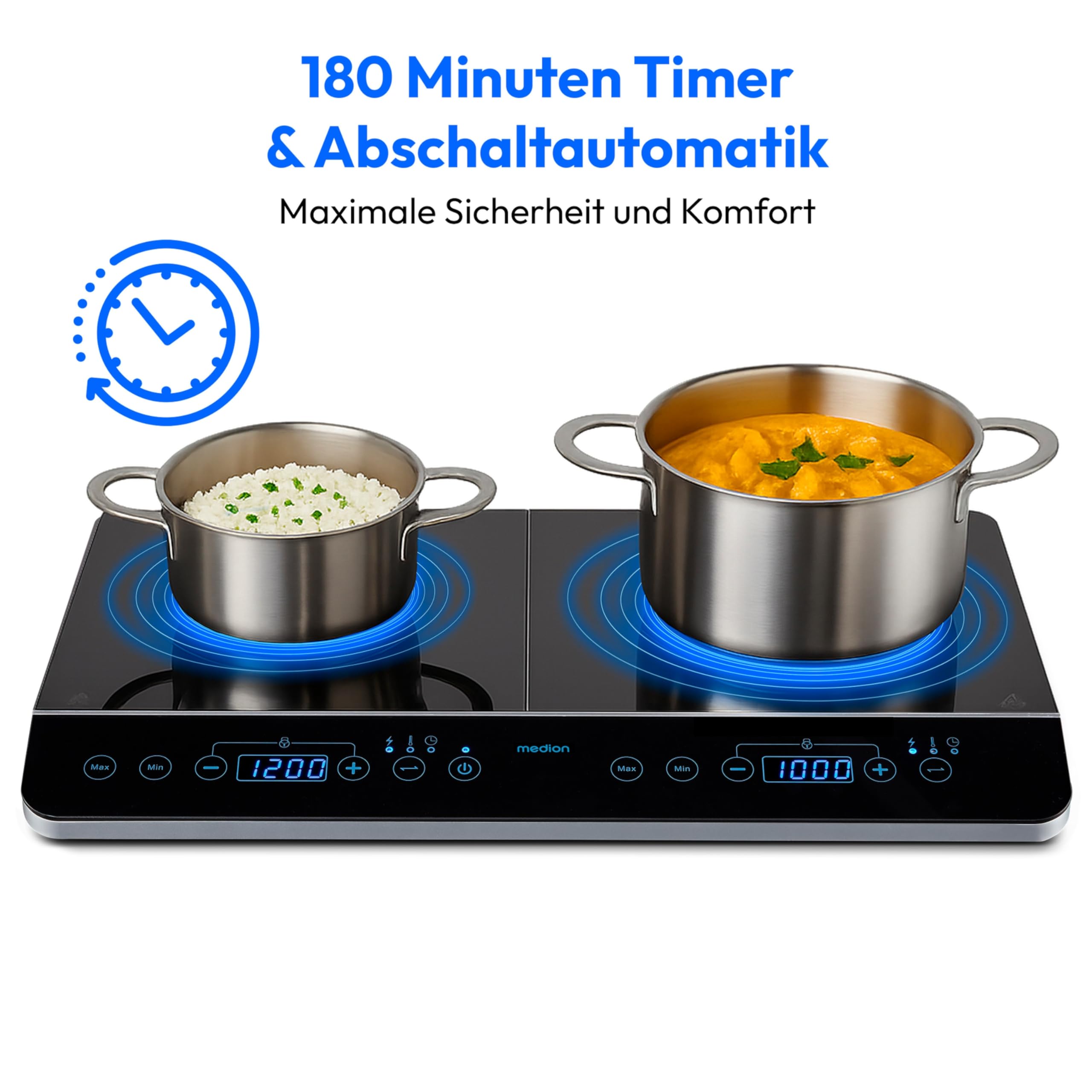 MEDION MD 15324 Doppel-Induktionskochplatte, 3500 Watt, Zwei Kochplatten, 10 Temperaturstufen, LED Display, schwarz