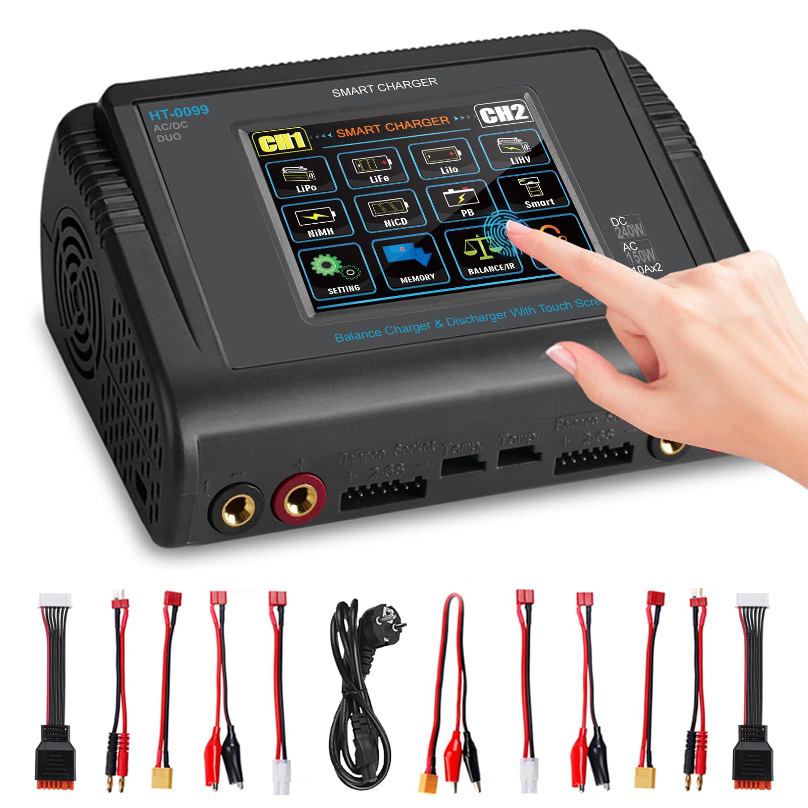 Haisito LiPo Ladegerät, Touchscreen Dual Balance Ladegerät Entlader AC 150W DC 240W 10A für Li-Ionen-Lebensdauer NiCd NiMH LiHV PB Smart Akku