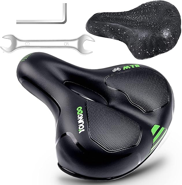 YOUNGDO Bicycle Saddle, Gel Bicycle Seat, Wide, Soft, Comfortable, Breathable, Shock Absorbing, Ergonomic Bicycle Saddle with Waterproof Cover (Green)