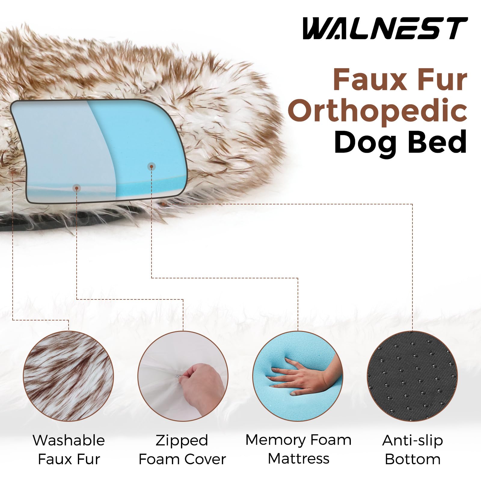 walnest Faux Fur Dog Bed? 50x30 in Memory Foam Dog Bed with Soft Fluffy Machine Washable Faux Fur Cover, Plush Orthopedic for Small, Medium and Large Dogs, Brown and White