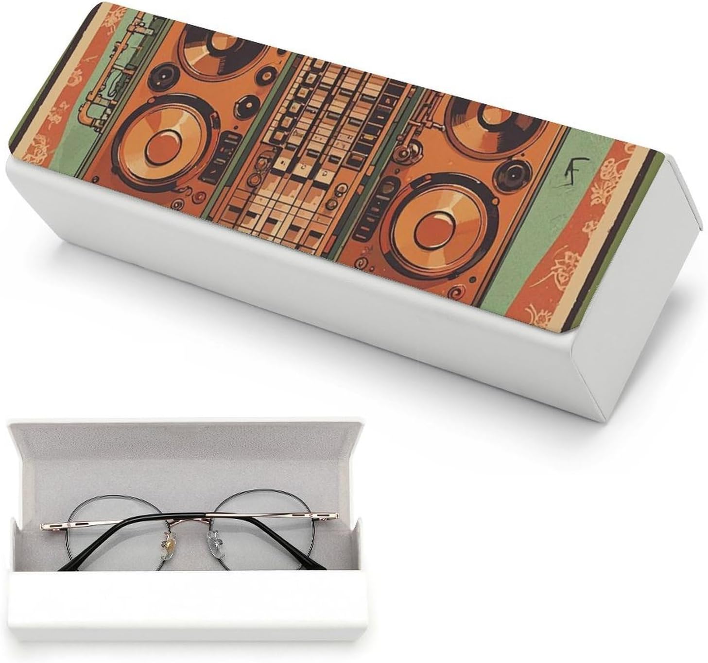 Hard Shell Eyeglasses Cases for Women, Portable Protector Sunglasses Box for Men, Lightweight Glasses Case for Travel, Jazz Music Equipment with Vintage Background Eyeglass Boxs with Cleaning