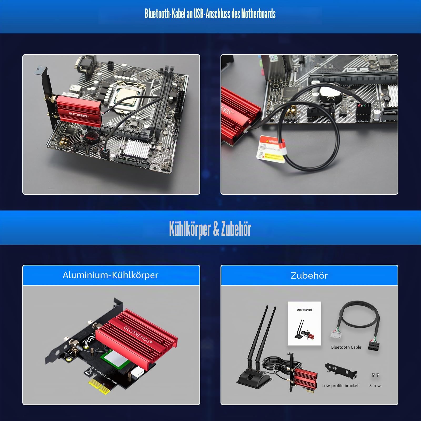 GLOTRENDS WiFi 7 Karte mit 2-Meter-Verlängerungsantenne für Desktop PC, Intel BE200NGW, nur kompatibel mit Windows 11 24H2 oder höherer Version (unterstützt Keine AMD Motherboards)