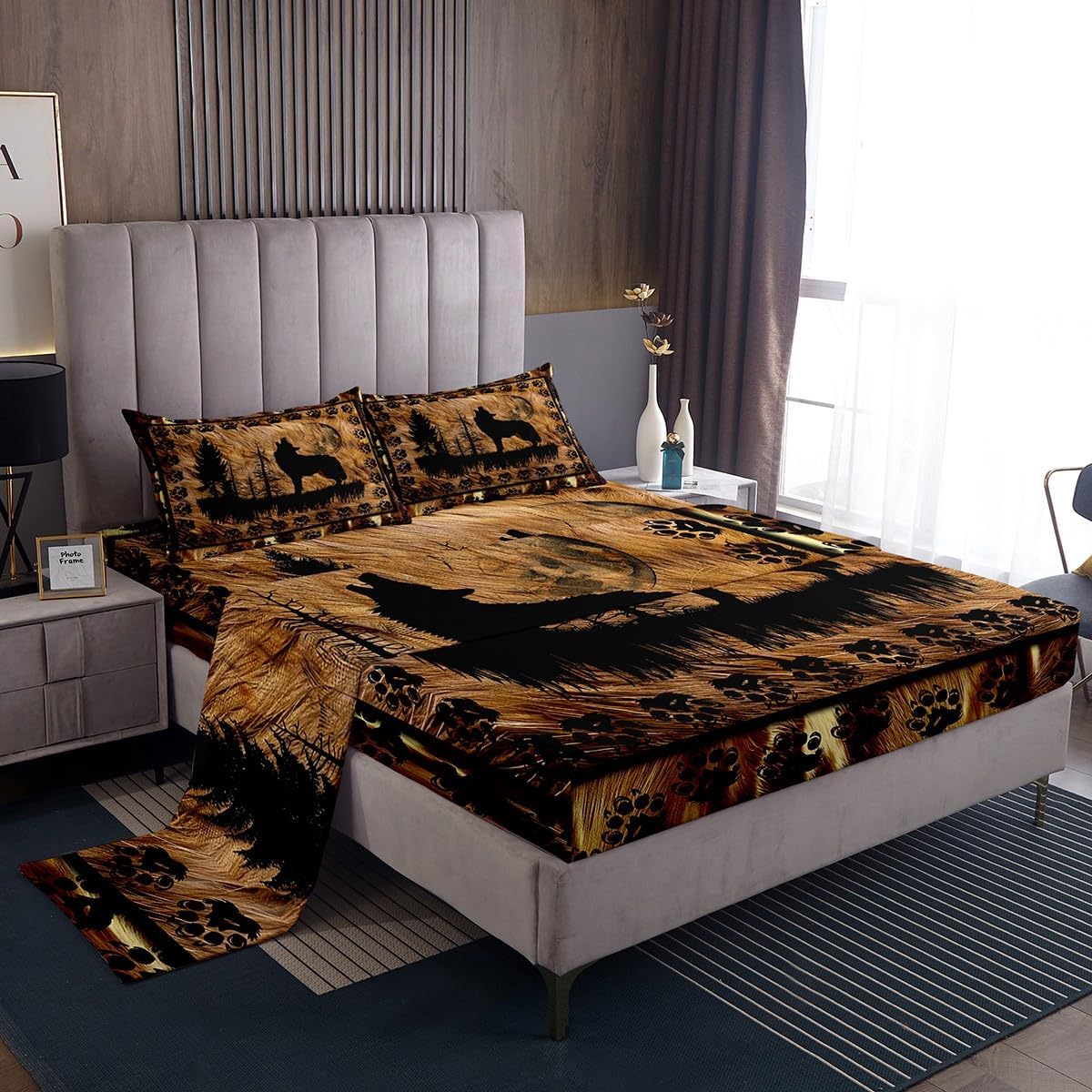Feelyou Wolf Sheet Set Farmhouse Wild Animals Footprints Sheets with Deep Pocket Fitted Sheet Cow Fur Bed Sheets Set Rustic Cabin Country Brown Black Bedding Set Room Decor Room Decor Twin Size