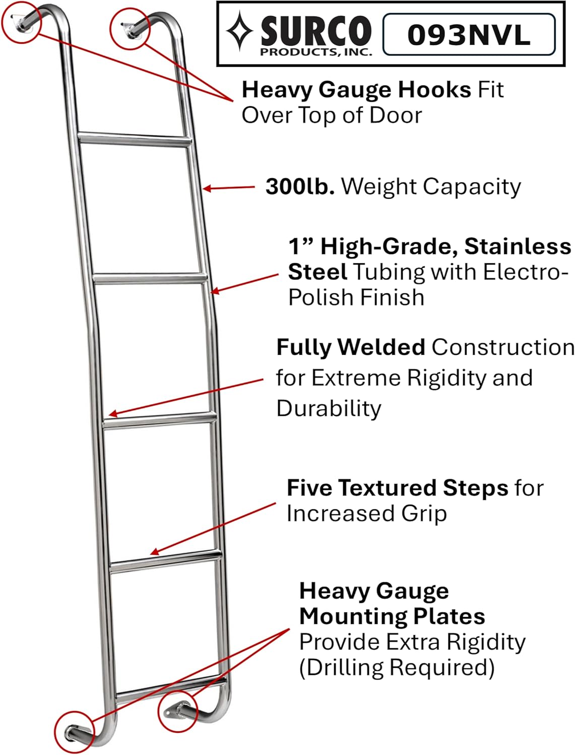 Surco 093NVL Stainless Steel 5-Step Van Ladder - Compatible with 2011-21 Nissan NV2500/3500 HD High Roof Vans