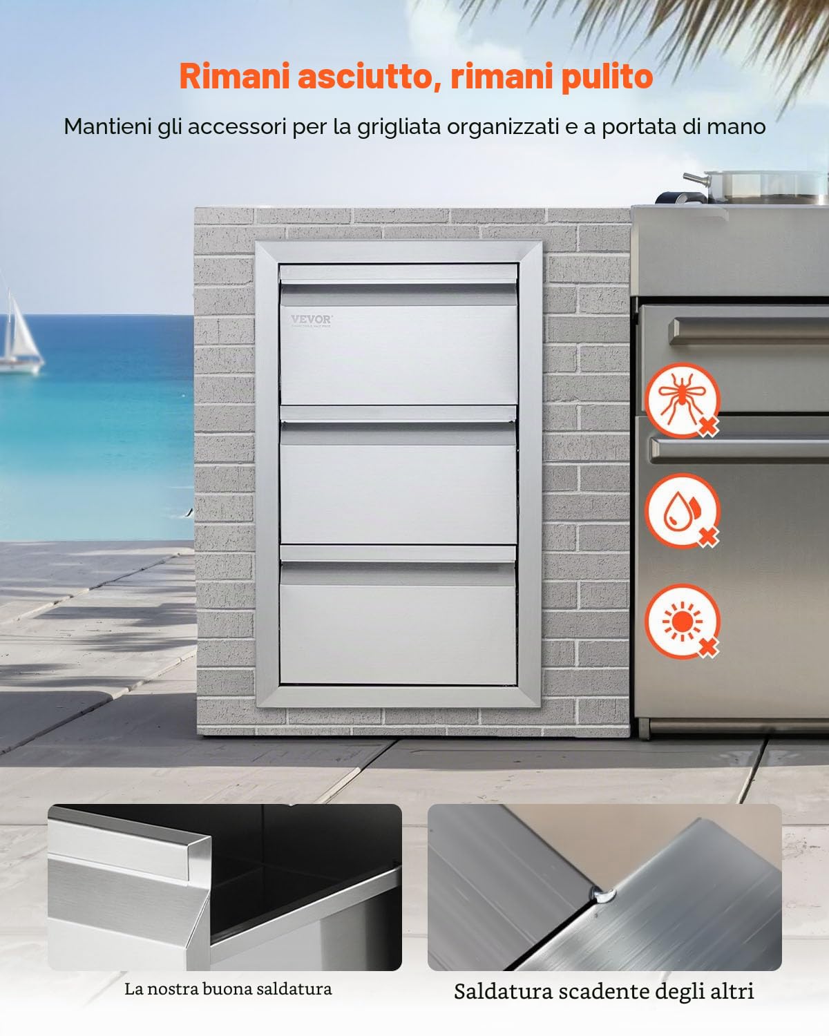 VEVOR Cassettiera per Barbecue, Cassetto per Cucina da Esterno, Cassette Argento in Acciaio Inossidabile, Cassettiera da Cucina con Maniglia Incorporata Uso in Stoviglie (4,7 x 25,4 x 18,7 Pollici)