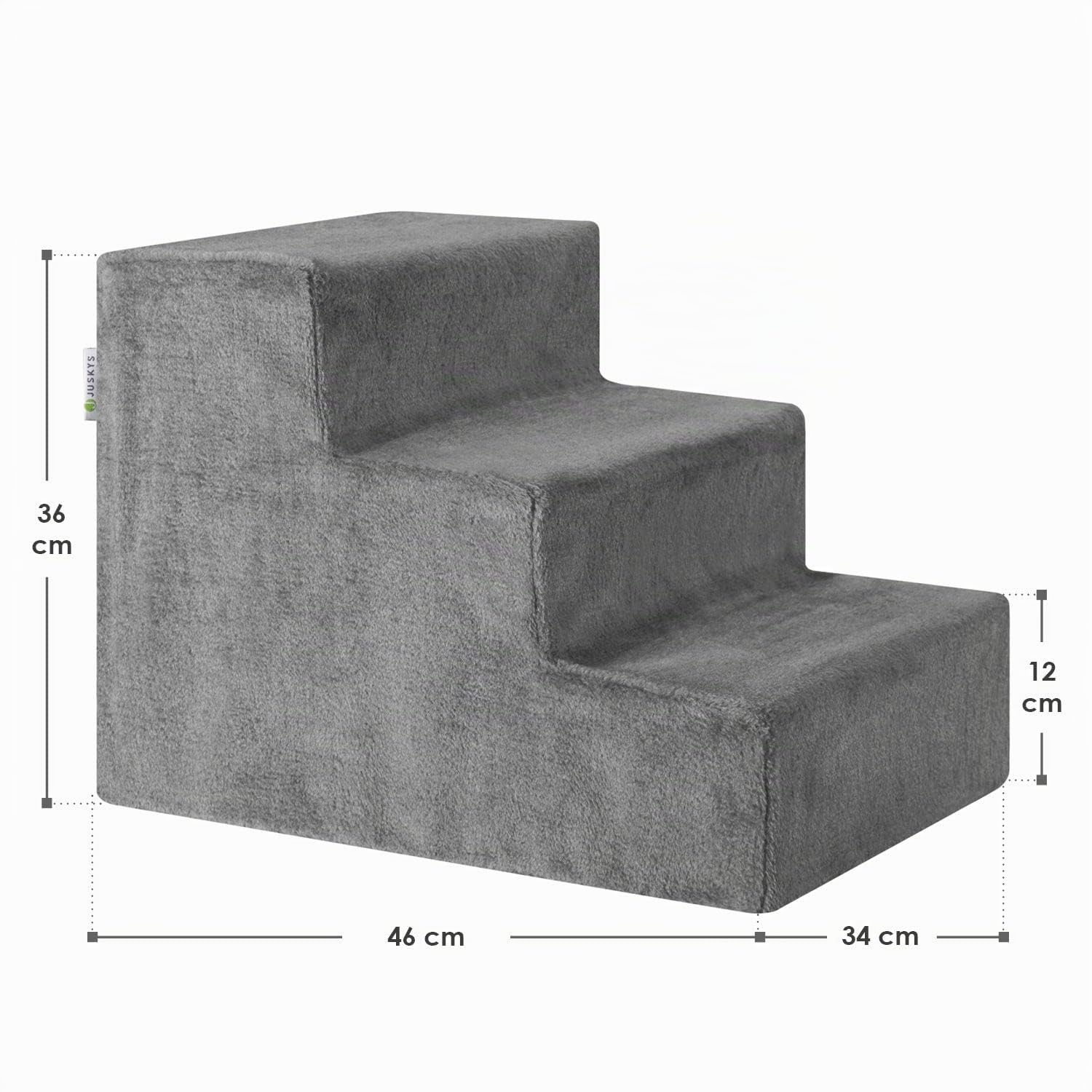 Juskys escalier pour Animaux de Compagnie escalier pour Chiens 36 cm - 3 marches Housse en Peluche Lavable - escalier pour Chats Rampe pour Chiens pour lit, canapé, Divan et Voiture - Housse Grise