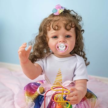 TERABITHIA 22 Inches Rooted Curly Hair Real Life Reborn Baby Doll in Full Body Silicone Vinyl Look Realistic Newborn Princess Toddler Smiling Girl Dolls with Teeth Waterproof Toy for Girl