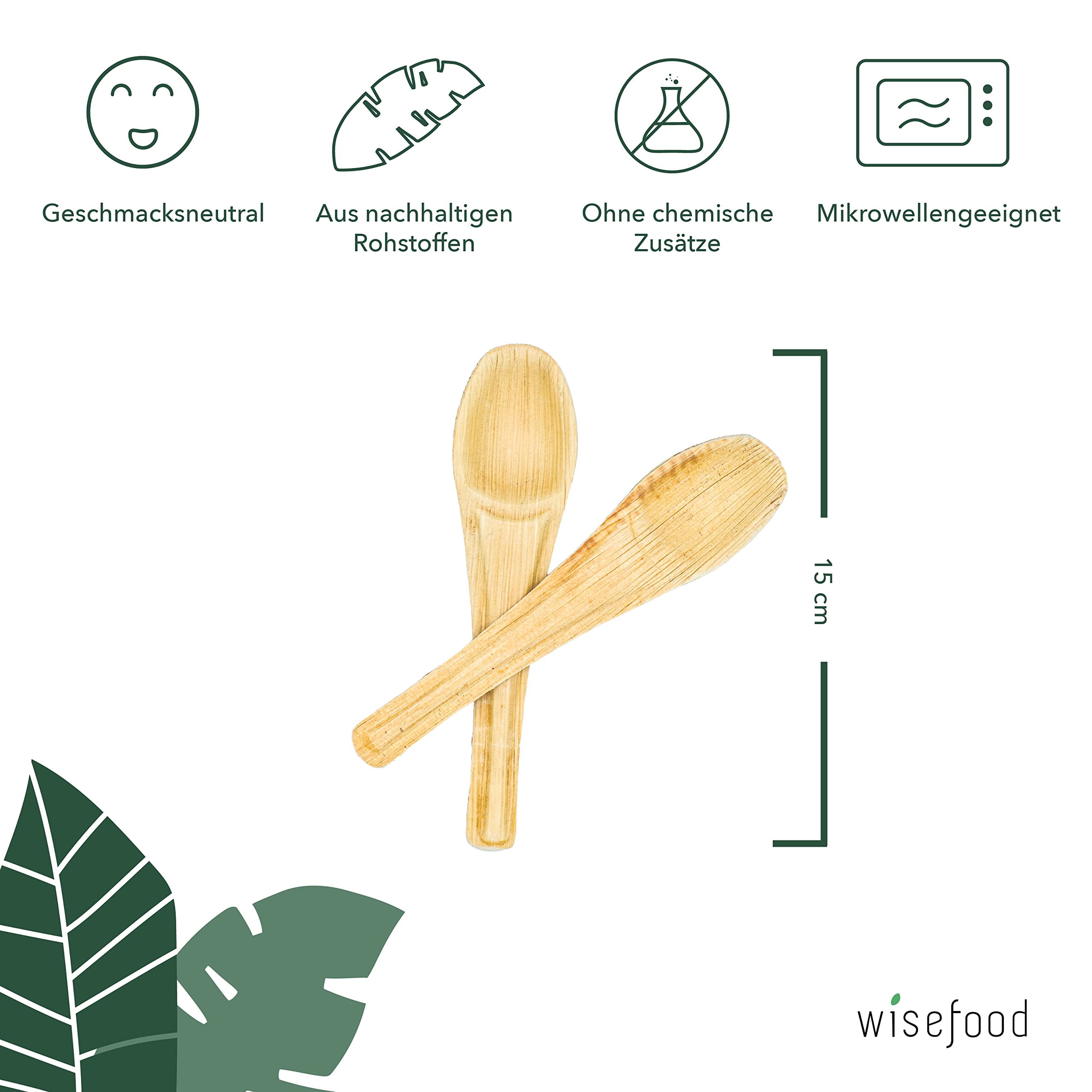 wisefood Palmblatt Einweg Löffel - 200 Stück Löffel aus Palmblatt 15cm - Biologisch abbaubares Einwegbesteck - Einmalbesteck ideal als Suppenlöffel oder Partybesteck