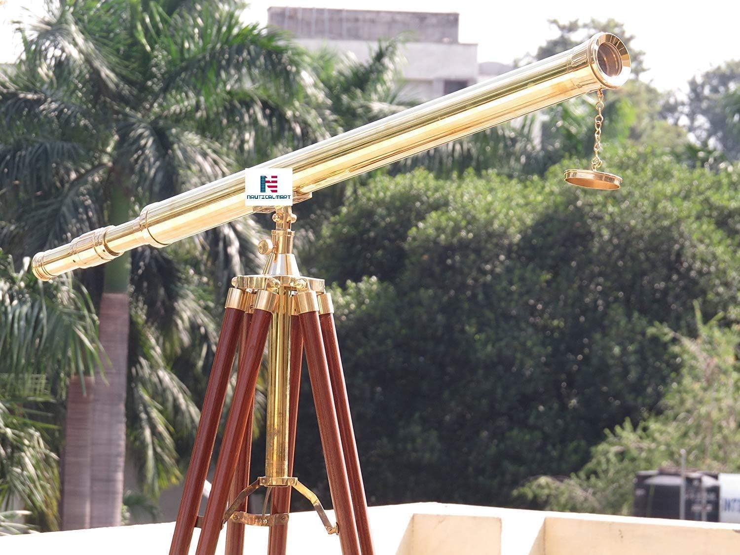 Vintage Solid Brass Nautical Port Marine Navy Floor Standing Telescope Single Barrel Brass Finish & Brown