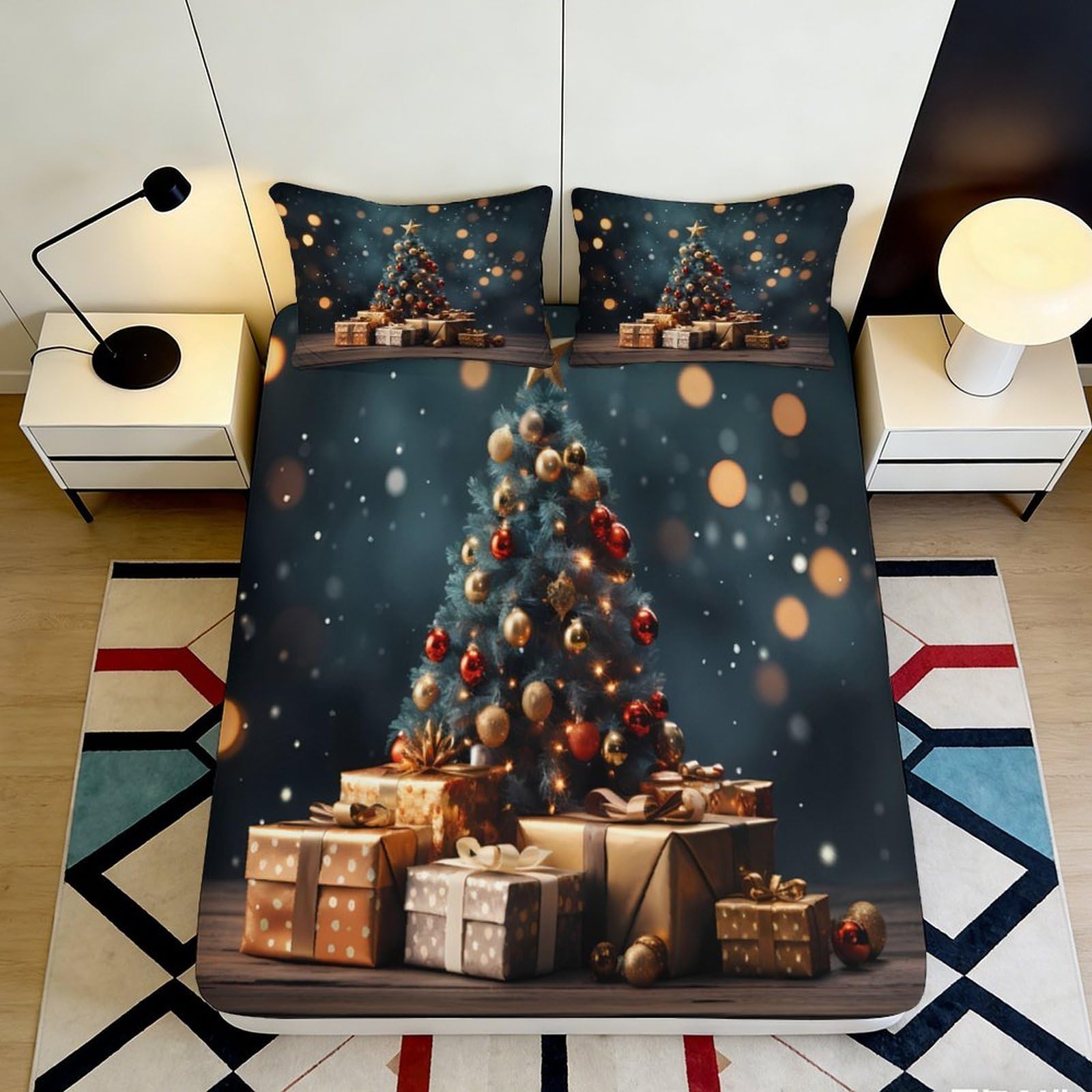 Wtorimpel Style-10 3D Printed Christmas Tree Fitted Sheet Microfiber Deep Pocket Bedroom Bedding Set Christmas Tree Mattress Fitted Cover Non-Slip Washable 200X200x25cm