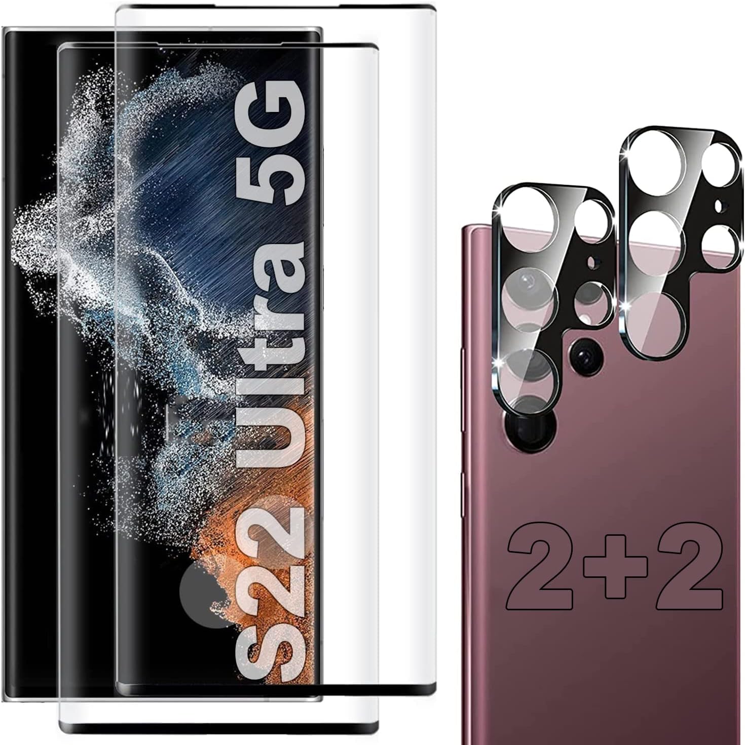 [2+2 Pack] Galaxy S22 Ultra Screen Protector Include 2 Pack Tempered Glass Screen Protector +2 Pack Tempered Glass Camera Lens Protector,9H Hardness,HD Clear,Easy Install for Galaxy S22 Ultra 5G